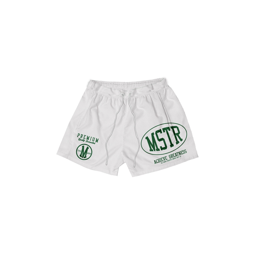 MSTR - ACHIEVE COLLECTION EMBROIDERY MESH SHORT (WHITE-GREEN)